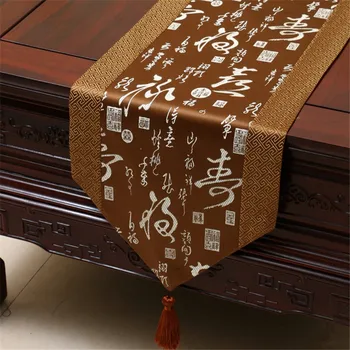 Stolt Steg Kinesisk stil Satin bordløber dug Home Decor Tabel Flag med Kvast Kreative Dække Bord