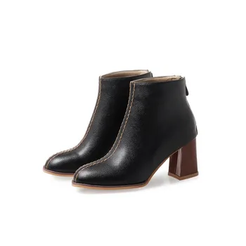 Stor Størrelse frue Grov hæl Korte støvler, Ren farve, runde hoved Mode boot tønde Høj hæl støvler