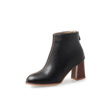Stor Størrelse frue Grov hæl Korte støvler, Ren farve, runde hoved Mode boot tønde Høj hæl støvler