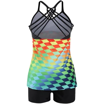Stor Størrelse Sommeren Farverige Grid Print Tankini Tummy Control To Stykke badetøj Plus Størrelse 5XL Sexet Beach Party Svømme Kjole
