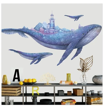 Store 3D Blue Whale Byen Mærkat Stue Dekoration Vinyl Wall Stickers DIY Moderne Soveværelse Home Decor Vægmaleri Væg Kunst