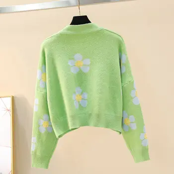 Store størrelse XXL Preppy Style Flower Strik Cardigans Sweater Kvinder V Hals Løs elegaht Thicked Trække Femme Print Korte Afslappet Frakke