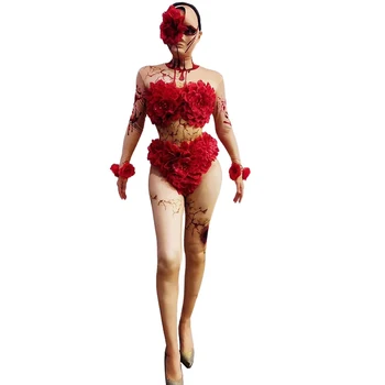 Stram Stretch Lange Ærmer Udskrivning Kvinder Jumpsuit Terror Rollespil Applique Bodysuit Kvinder Skræmmende Rolle Halloween Lady Kostume