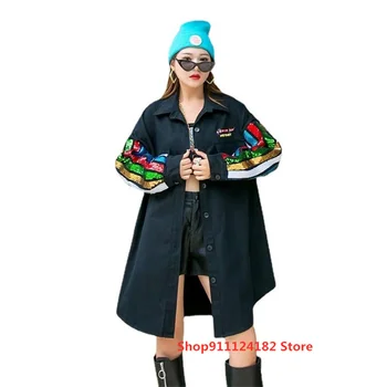 Street Fashion Brand Farve Sequined Langærmet Cardigan Jakke Kvinder 2021 Spring Nye Løs Mode Mid-Længde Denim Skjorte