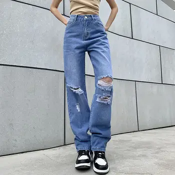 Street Retro Høj Talje Revet Løs Jeans Kvinder Mode til Alle-match Tynde Og Høje Lige Wide-ben Bukser Tendens