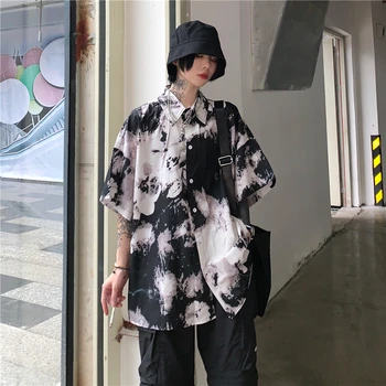 Streetwear Damer Toppe Harajuku Style Sommer Kvinders Tøj Fashion Brand Bluser Turn-down Krave Print Løs Shirts Ny