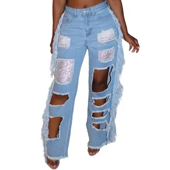Streetwear Jeans Kvinder Lynlås Lomme Hul Rippet Bred Ben Denim Bukser 2020 Mode Casual Sexy Pailletter Patchwork Kvast Bukser