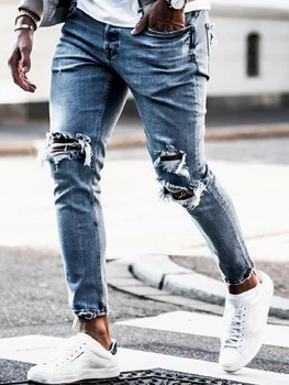 Streetwear Knæ Rippet Skinny Jeans til Mænd Hip Hop Mode Ødelagt Hul Bukser Solid Farve Mandlige Stretch Denim Bukser