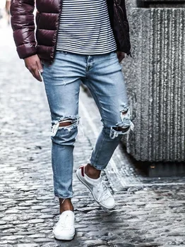 Streetwear Knæ Rippet Skinny Jeans til Mænd Hip Hop Mode Ødelagt Hul Bukser Solid Farve Mandlige Stretch Denim Bukser