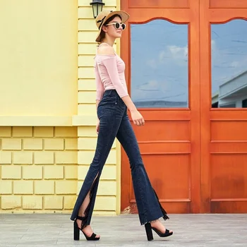 Streetwear Kvinder Sexy Lace Tynde Split Jeans Kontor Damer Slank Høj Talje Denim Bukser Kvindelige Bell-bund Flare Pants