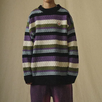 Strikket Sweater Mænd Trøjer Retro Vintage Harajuku Regnbue Stribet Daisy Afslappet O-Hals Efteråret Par Unisex Design Sweater