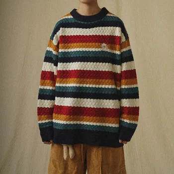Strikket Sweater Mænd Trøjer Retro Vintage Harajuku Regnbue Stribet Daisy Afslappet O-Hals Efteråret Par Unisex Design Sweater