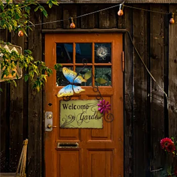 Strygejern Hængende Velkommen Tegn Kunsthåndværk Butterfly Flower Decors for Hjem Cafe Butikker Veranda Tegn for Indgangen Udendørs Forår Dekoration