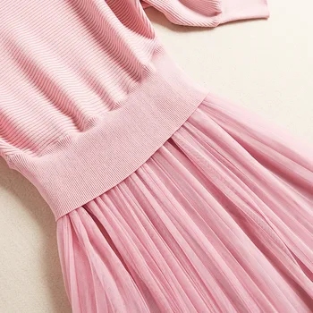 Størrelsen 2020 Plus Koreansk Mode Efteråret O Neck Strikket Hule Batwing Ærmer, Syning Sort Pink Mesh Kvinder Kjole