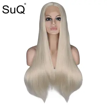 SuQ Lace Front Wig Naturlig 60# Blonde Lange Lige 13x1 T Del Glueless Hår Parykker til Kvinder af Høj Temperatur Syntetisk