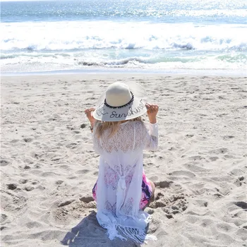 Svømme Dække Solen Kaftan Praia Pareo Plus Size Plage Badedragt Tunique Output Kapper Bikini Dække Op Beach Dress White Lace Frynser