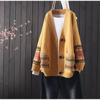 Sweater efterår og vinter løs vilde strikke mønster retro litterære V-hals langærmet cardigan i strik