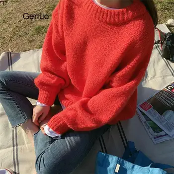 Sweater Kvinder Efterår Og Vinter Solid O-Neck Pullover, Sweater Koreansk Stil Strikket Langærmet Trøjer Casual Toppe