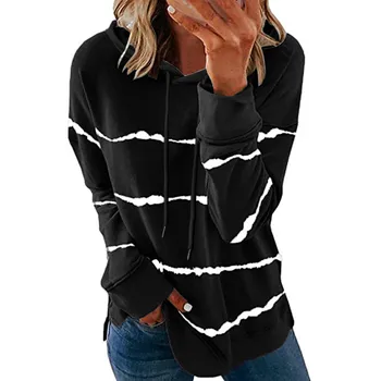 Sweatshirt Kvinders Mode Stripe Kvinder med Lange Ærmer Hætteklædte Snor Pullover Sweater Casual Løs Toppe, Trøjer Mujer