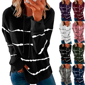 Sweatshirt Kvinders Mode Stripe Kvinder med Lange Ærmer Hætteklædte Snor Pullover Sweater Casual Løs Toppe, Trøjer Mujer