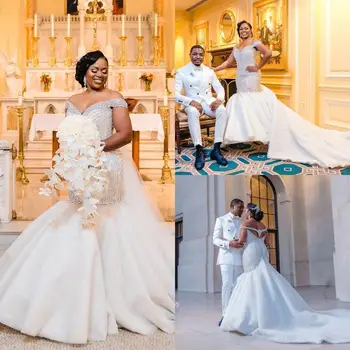 Sydafrikanske Havfrue Brudekjoler 2021 Off Skulder Luksus Beaded Brud Vestidos De Fiesta Lange Feje Bryllup Trumpe Kjoler
