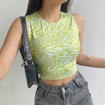 Sød Grøn Bølge Print Afgrøde Tank Top Kvinder 2021 Forår Sommer Nye Ærmeløs Slim Vest Y2k Toppe Harajuku Streetwear Tøj