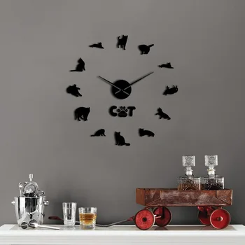 Søde Amerikansk Korthår DIY Gigantiske Wall Clock Ur Silhuet Katte Spejl Overflade Wall Stickers Indrettet Til Stue