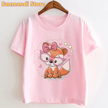 Søde Børn Tøj Fox Bærer Briller dyreprint Tshirt Piger Bue Kawaii Kids Tøj Sjove T-Shirt Streetwear