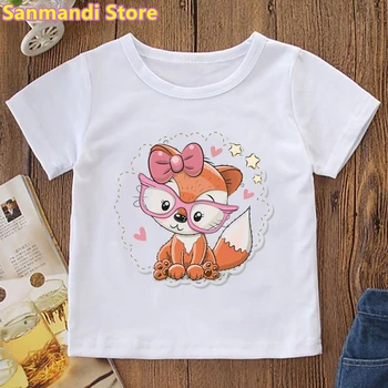 Søde Børn Tøj Fox Bærer Briller dyreprint Tshirt Piger Bue Kawaii Kids Tøj Sjove T-Shirt Streetwear