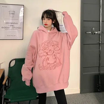 Søde Overdimensionerede Harajuku Hætteklædte Koreanske Tegnefilm Bære Broderi Hoodie Sweatshirt Kvinder Vinter Jakke Kvinder Streetwear Toppe Kvinde