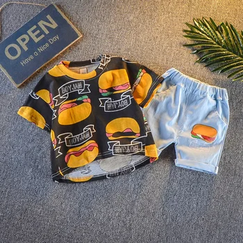 Søde Sommer Dreng Dreng Pige Tøj Casual Træningsdragt Tegnefilm Burger mønster T-shirt Sæt Spædbarn Tøj Baby Denim shorts 1 2 3 4