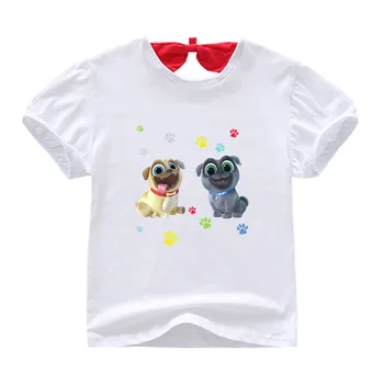 Søde Tegneserie Hvalp Hund Pals Grafisk T-Shirt Børn Sommer Tøj Piger, Kort-langærmet T-shirt med O-hals Bue Hvid Bomulds T-Shirt