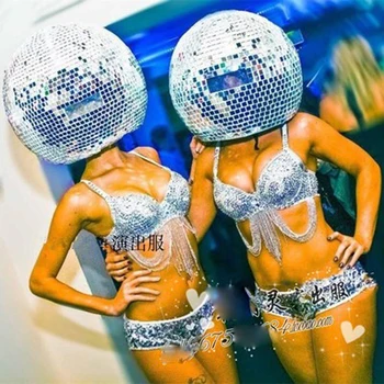 Sølv fremtidens teknologi natklub bar ds GOGO glas bolden spejl hjelm bikini kostume