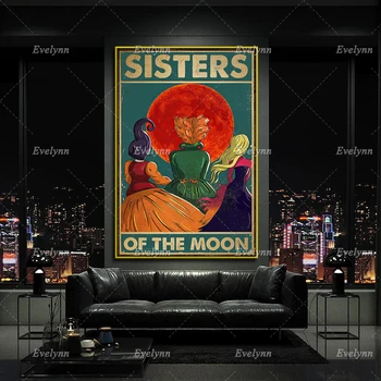 Søstre På Månen Plakat Heks Hekseri Halloween Home Decor Lærred Væg Kunst Prints Stue Dekoration Unik Gave