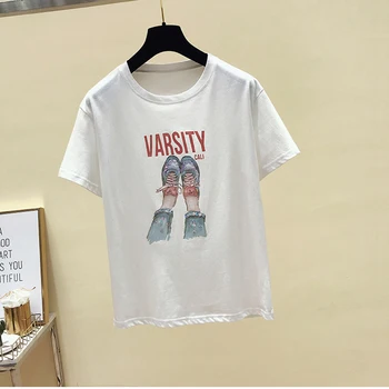T-Shirt Femme Korte Ærmer Beaded Koreanske T-Shirt Kvindelige T-Shirt Kvinder Bomuld Sommer Toppe I 2020 Casual Tshirt Kvinde Tøj