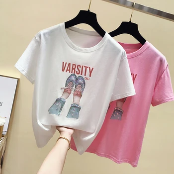 T-Shirt Femme Korte Ærmer Beaded Koreanske T-Shirt Kvindelige T-Shirt Kvinder Bomuld Sommer Toppe I 2020 Casual Tshirt Kvinde Tøj