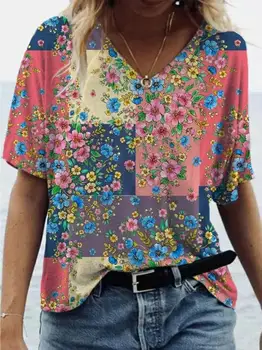 T-shirt Mode 2021 Stor Størrelse Toppe Kvinder Casual V Neck Shirt t-Shirts Ladies Løs Blomster Print Tunika Skjorte