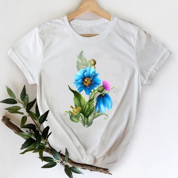T-shirts Kvinder 2021 Blomst Korte Ærmer Forår Sommer 90'erne Tøj Udskrivning Elegant Skjorte Top Dame Print 2021 Tee T-Shirt