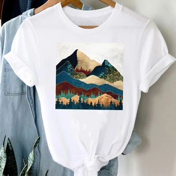 T-shirts Kvinder 90'erne Mountain Maleri Udskrivning Fashion Forår Sommer Tøj Grafisk Tshirt Top Dame Print Kvindelige Tee T-Shirt