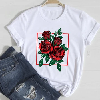 T-shirts Kvinder Blomst Blomster Mode Elegant 90'erne 2021 Forår Sommer Tøj Grafisk Tshirt Top Dame Print Kvindelige Tee T-Shirt