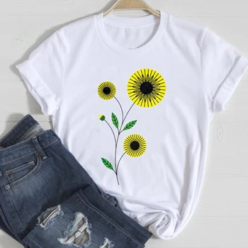 T-shirts Kvinder Blomst Blomster Mode Elegant 90'erne 2021 Forår Sommer Tøj Grafisk Tshirt Top Dame Print Kvindelige Tee T-Shirt