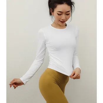 T-Shirts Strække Slim Skin-Venligt Solid Farve Casual Yoga-Shirt Kvinder Efteråret Nye Side Talje Elastik Folder Sports-Lange Ærmer