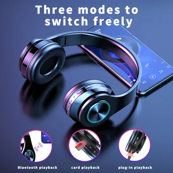 T6 Hovedtelefoner Støtte TF Kort Active Noise LED Lys Trådløse Bluetooth-Hovedtelefoner, Foldbar 9D Stereo Hovedtelefoner Musik Headsets