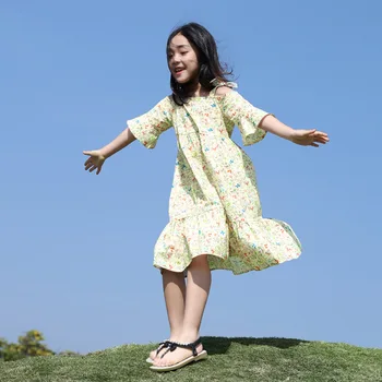 Teenager Piger Off-Shoulder Blomster Prinsesse Kjole 2021 Sommeren Koreansk Stil Midten Længde Børn Afslappet Strand Tøj, Mode, #9324