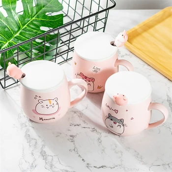 Tegnefilm Keramiske kaffebæger Kreative Pink Mælk Drinkware Kopper med Låg Ske Voksne Studerende Søde Dyr Vand Krus Køkken Levering