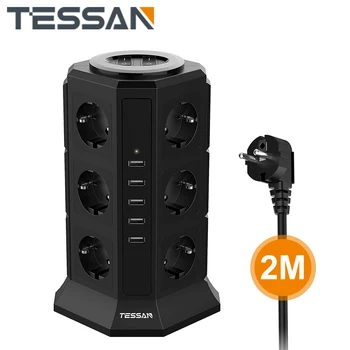 TESSAN 12-Vejs Stik Strip (2500W / 10A) 5 USB-Porte, Flere Stikkontakter med afbryder Beskyttelse mod Overbelastning Hjem, Kontor, 2 m kabel
