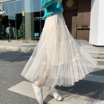TFETTERS Pearl Mesh Plisseret Nederdel med Høj Talje Ankel Længde Nederdel Fashion koreanske Version 2021 Nye Forår Sommer Kvindernes Påklædning