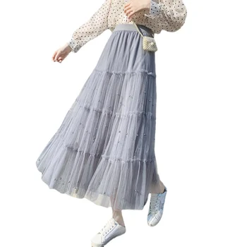 TFETTERS Pearl Mesh Plisseret Nederdel med Høj Talje Ankel Længde Nederdel Fashion koreanske Version 2021 Nye Forår Sommer Kvindernes Påklædning