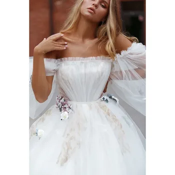 Thinyfull Håndlavet blomst Kjoler til Bryllup En Linje Båd Hals Fra Skulder Kjoler til Brudens Tyl Blonde Pynt brudekjolen 2020