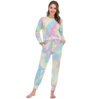 Tie-farvet pyjamas lange bukser, nattøj fritid sport hjem bære sove toppe tie-farvet pyjamas farverige to-delt sæt
